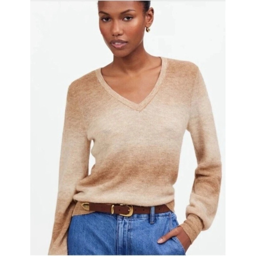 Madewell Brown Beige Ombre striped Alpaca V Neck Sweater XL NEW neutral Cozy
